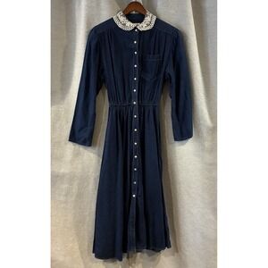 VTG 70s ACT‎ 1 Prairie Denim Dress Lace Long Sleeve Cottage